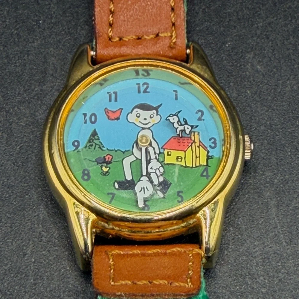Vintage On Time Goldtone Pinnochio & Dog Watch Green Fabric Band Untested